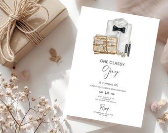 May include: A white invitation card with a watercolor illustration of a white dress shirt with a black bow tie, a stack of newspapers, a pen, and dice. The text on the card reads "One Classy Guy is turning 40! Join us to celebrate Mike's birthday. Sat 14 Feb at 5 o'clock in the afternoon. 502 Western Lane, Dacia. RSVP by February 10th, 2025 to Chloe."