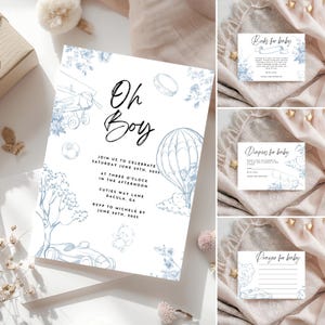 Elegante blauwe toile babyshoweruitnodiging - bewerkbare sjabloon - digitale download - directe toegang-kleine kaarten-boeken voor babyluiers voor baby