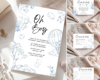 Blue Toile Baby Shower Invitation: Editable Template (Digital Download)