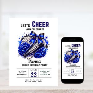 Faire-part d'anniversaire pom-pom girl - invitation imprimable Cheer Party - modèle modifiable - design amusant et coloré