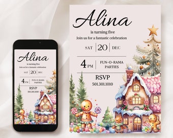 May include: A digital invitation for a child's birthday party. The invitation features a watercolor illustration of a gingerbread house, a Christmas tree, and gingerbread people. The text on the invitation reads "Alina is turning five. Join us for a fantastic celebration. Sat 20 Dec. 4 PM Fun-O-Rama Parties. RSVP 501.301.1010."