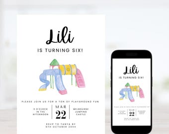 Invitación de cumpleaños para el patio de recreo: Fiesta divertida al aire libre (Canva editable)