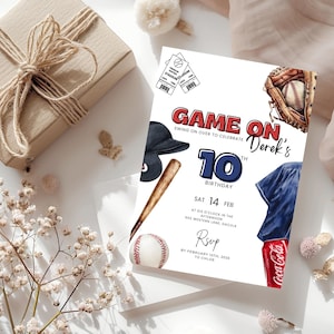 Baseball-Geburtstagseinladung bearbeitbare Baseball-Einladung, Einladung zum Thema Jungensport, 5 x 7-Zoll-Canva-Vorlage, EVITE