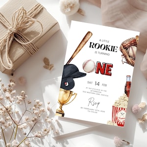 Erster Geburtstag Baseball Spieler Karte, bearbeitbare Baseball Party Einladung, Rookie des Jahres 1. Geburtstag, Baseball Geburtstagskarte, Canva
