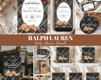 Polo Bear Baby Shower Invitation: Plaid Teddy Bear Theme (Editable Template)