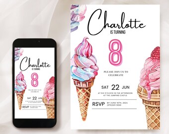 Ice Cream Birthday Invitation: Editable Canva Template (Digital)