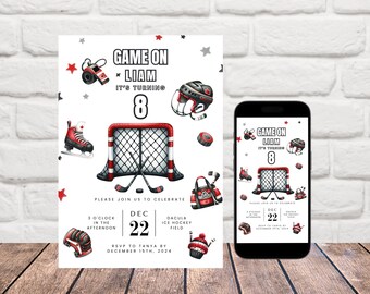 May include: A hockey-themed birthday party invitation with a red, white, and black color scheme. The invitation features a hockey net, a hockey stick, a hockey glove, and a hockey puck. The text on the invitation reads "Game On Liam It's Turning 8" and includes the date and time of the party.