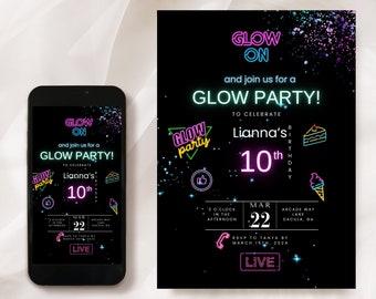 May include: A digital invitation for a glow party to celebrate Lianna's 10th birthday. The invitation features a neon pink and blue design with the text "Glow On" and "Glow Party!" The invitation includes the date, time, and location of the party.