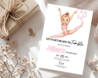 Peut inclure: Une invitation d'anniversaire avec une illustration à l'aquarelle d'une jeune gymnaste en rose. Le texte de l'invitation dit "Let's Get Ready to Tumble" et comprend le nom "Alina's" et les détails de l'événement.