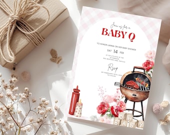 Baby-Q Baby Shower Invitation Set: Pink Plaid BBQ (Digital Invite)
