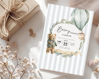 Beary First Birthday Invitation - Editable Teddy Bear Invite - Boy Birthday Party Template - Instant Download