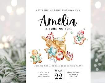 May include: A white invitation card with a watercolor illustration of gingerbread cookies, a snowman, and a rolling pin. The text on the card reads "Let's mix up some birthday fun Amelia is turning ten! Join us for a cookie decorating party Mar 22 3 o'clock in the afternoon Melbourne Jumping Castle RSVP to Tanya by 5th October 20XX"