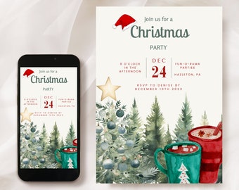 May include: A Christmas party invitation with a watercolor illustration of a snowy forest scene. The invitation features a red Santa hat, two mugs of hot chocolate, and a Christmas tree with blue ornaments. The text reads "Join us for a Christmas Party" with the date "Dec 24" and the time "6 o'clock in the afternoon".