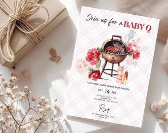 Editable Baby-Q Baby Shower Invitation: Pink Plaid BBQ (Digital Invite)
