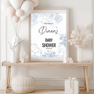 Blue Toile De Jouy Baby Shower Welcome Sign - Teddy Bear Theme - Printable Template - Baby Shower Decoration- Small Signs- Baby Shower Games