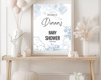 Blue Toile Baby Shower Welcome Sign: Teddy Bear Theme (Printable Template)