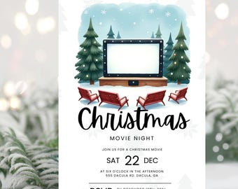 Peut inclure: Une invitation à une soirée cinéma de Noël avec une scène d'hiver enneigée. L'invitation représente un grand écran de cinéma, des chaises rouges et deux sapins. Le texte indique "Soirée cinéma de Noël" et comprend la date, l'heure et le lieu de l'événement. RSVP avant le 18 décembre 2024. (570) 555-5555