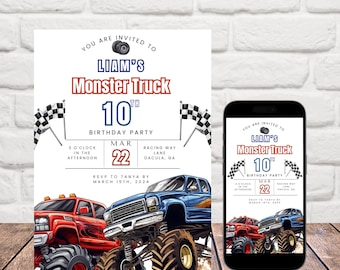 Invitación de cumpleaños de Monster Truck: Plantilla editable de Canva (descarga digital)