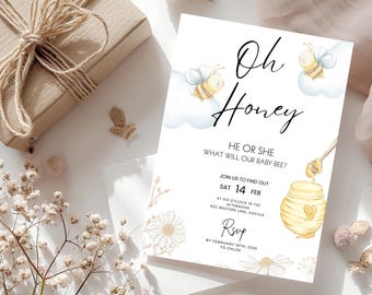 Baby Bee Gender Reveal Invitation, Editable Template (Digital Download)