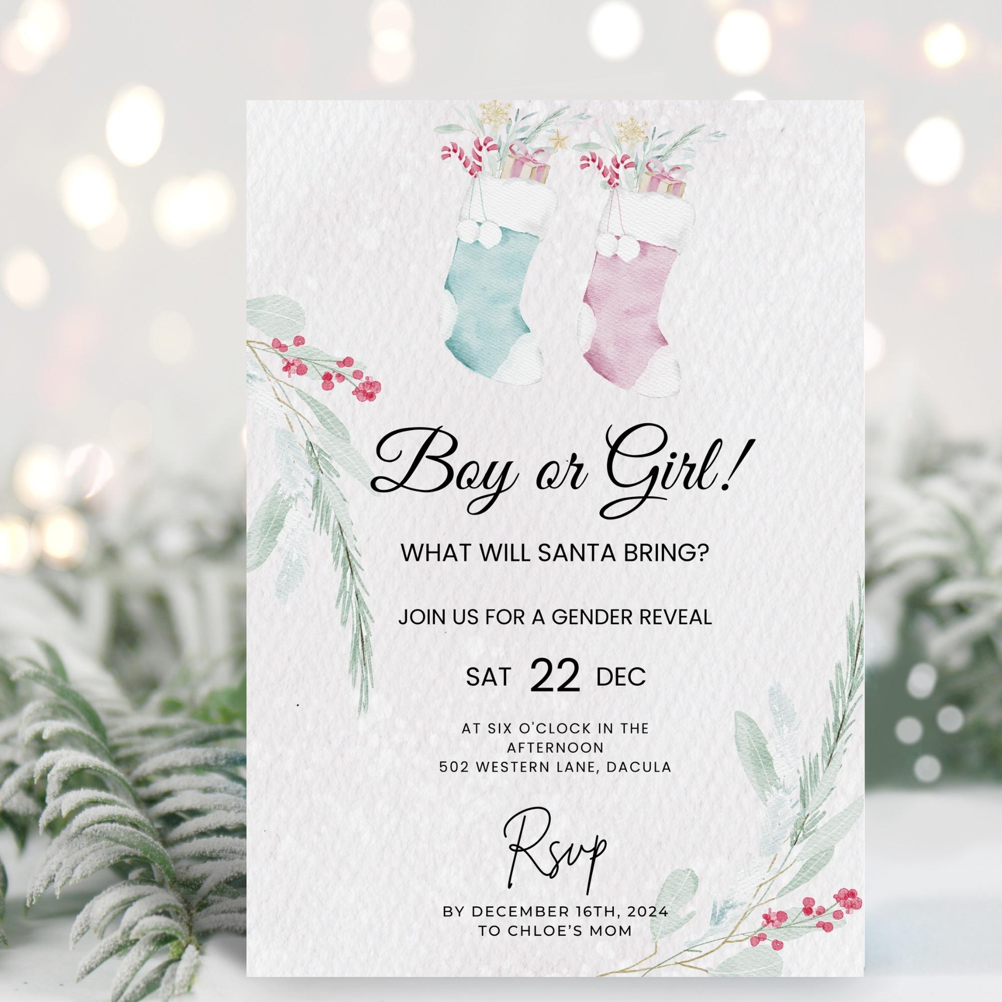 Christmas Gender Reveal Invitation - Winter Wonderland Theme - Editable ...