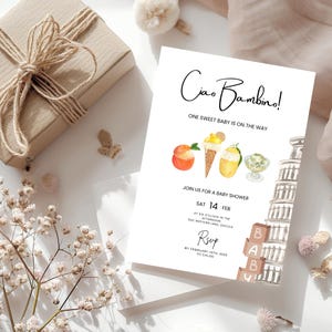 Italienische Babypartyeinladung, wunderliche handgezeichnete Mittagessen-Dinner-Party laden Vorlage ein, Ciao Baby, CANVA bearbeitbar, Babypartyeinladung