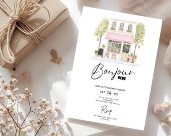 Invitación para baby shower "Bonjour Bebe": temática parisina (descarga digital)
