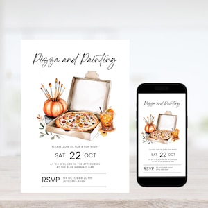 Pumpkin Painting and Pizza Party Invitation - Editable Template for Kids Halloween - Digital Download