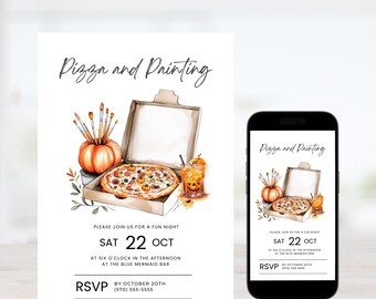May include: Invitation to a "Pizza and Painting" event on Saturday, October 22nd at six o'clock in the afternoon at the Blue Mermaid Bar. The invitation features a watercolor illustration of a pizza, a pumpkin, paintbrushes, and a cocktail.