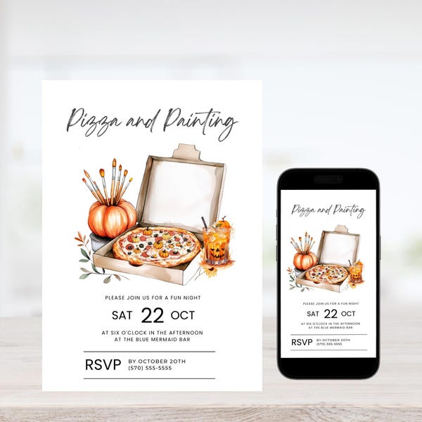 Pumpkin Painting and Pizza Party Invitation - Editable Template for Kids Halloween - Digital Download