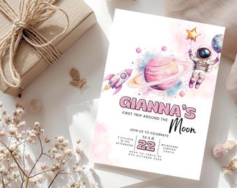 Invitación de cumpleaños espacial editable: Astronauta, cohete y planeta (descarga digital)