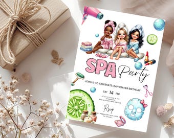 May include: A spa party invitation with a pink and white color scheme. The invitation features three girls wearing spa robes and holding cucumbers. The text on the invitation reads "SPA Party" and includes details about the party, such as the date, time, and location.
