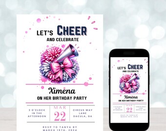 Instant Access | Any Age | Cheerleader Birthday Invitation | Game On Football Cheerleading Invite | Editable Cheerleader Invitation