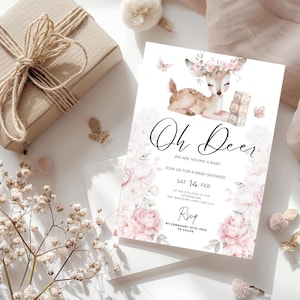 Oh Deer Baby Shower Invite, Rustic Deer Theme, Editable Baby Shower Invitation, Woodland Forest Design, CANVA EDITABLE