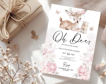 Rustic Deer Baby Shower Invitation: Woodland Theme (CANVA EDITABLE)