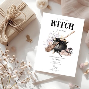 Halloween Gender Reveal Invitation A Baby is Brewing Witch Shower Invite, Witch Brewing Smoke Spooky Gothic Fall Party EDITABLE, CANVA