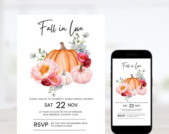 Sjabloon uitnodiging herfstbruiloft: pompoenbloemen (bewerkbaar, digitale download)