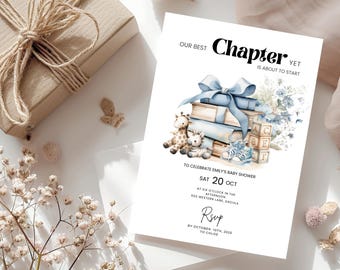 Floral Books Baby Shower Invitation: New Chapter Theme (Editable Canva Template)