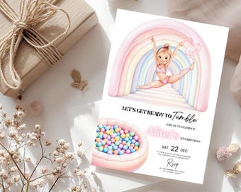 Peut inclure: Une invitation d'anniversaire avec une illustration d'une gymnaste sous un arc-en-ciel. L'invitation indique "Let's Get Ready to Tumble" et comprend le nom "Alina's 5th Birthday" et les détails de l'événement.