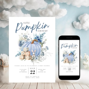 Instant Download | Boy Pumpkin Baby Shower Invitation | Blue Pumpkin Baby Shower Invitation | IT&#39;S A Boy | Boho Pumpkin Baby Shower