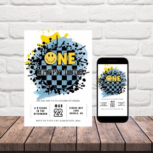 Instant Download | Bday Invite | First Birthday | Smiley Face Invite | Editable One Happy Dude Invitation | 1St Birthday Template