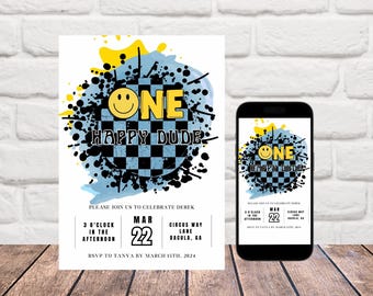 Smiley Face 1st Birthday Invitation: One Happy Dude (Digital Download)