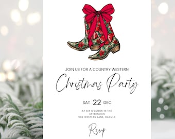 May include: A white invitation with a red bow and a pair of red and green cowboy boots. The text reads "Join us for a Country Western Christmas Party, Sat 22 Dec at six o'clock in the afternoon, 502 Western Lane, Dacula. RSVP by December 16th, 2024 to Chloe's Mom."
