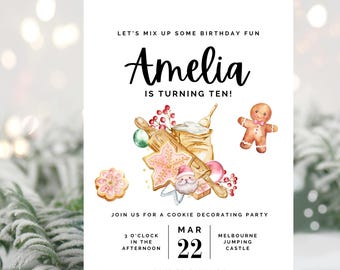 May include: White invitation card with the text "Let's mix up some birthday fun" and "Amelia is turning ten!" Watercolor illustrations of cookies, rolling pin, and gingerbread man. The invitation is for a cookie decorating party.