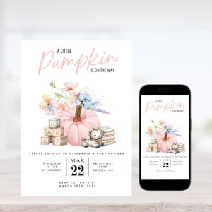 Herfstuitnodigingen babyshower meisje | Bewerkbare uitnodigingen | Een beetje pompoen is onderweg | Pompoen babyshower uitnodiging | Direct downloaden