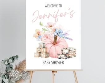 Kwiatowy napis powitalny z dynią na baby shower: edytowalny szablon (pobranie cyfrowe)