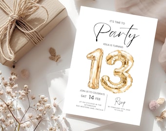 Gold Glitter 13th Birthday Invitation: Editable Canva Template (Digital Download)