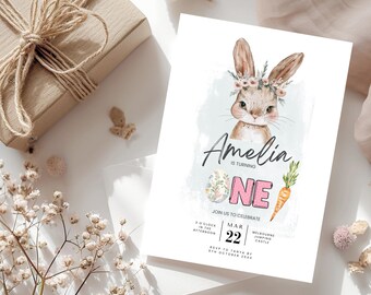 Bunny First Birthday Invitation Template: Editable Easter Design (Digital Download)