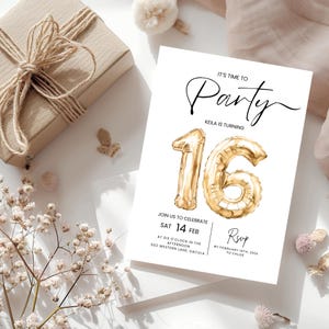 Invito per il 16° compleanno in nero e oro: invito modificabile per adolescenti (digitale)
