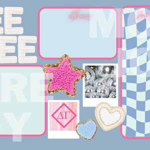 May include: A blue and white checkered background with pink accents. The background is a digital design. There are several pink, white, and blue decorative elements on the background. The text "DEE GEE" is in white letters on a light blue background. The text "school more joy" is in white letters on a light blue background. The text "others" is in pink letters on a light blue background. The text "more stuff" is in pink letters on a light blue background. The text "ΔΓ" is in pink letters on a pink and white background. There is a pink star with gold glitter on the background. There is a white heart with gold glitter on the background. There is a blue heart with white glitter on the background. There is a photo of silver ornaments on the background.