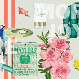 May include: A green and white Masters Tournament ticket with the text "Masters" and "Augusta National Golf Club" and the date "April 6-9-10-11, 1982". The ticket number is "06482". The ticket is surrounded by a collage of golf-related imagery, including a golfer swinging a club, a green golf course, a green jacket, a box of matches, and pink azalea flowers.